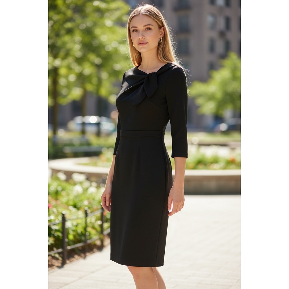 Calvin Klein Sheath scuba Dress sz 12 Black Bow Neck old money preppy 90s